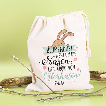 Stoffsack mit Hase, süßem Spruch und Ihrem Wunschnamen bedruckt als tolle Geschenkverpackung zu Ostern