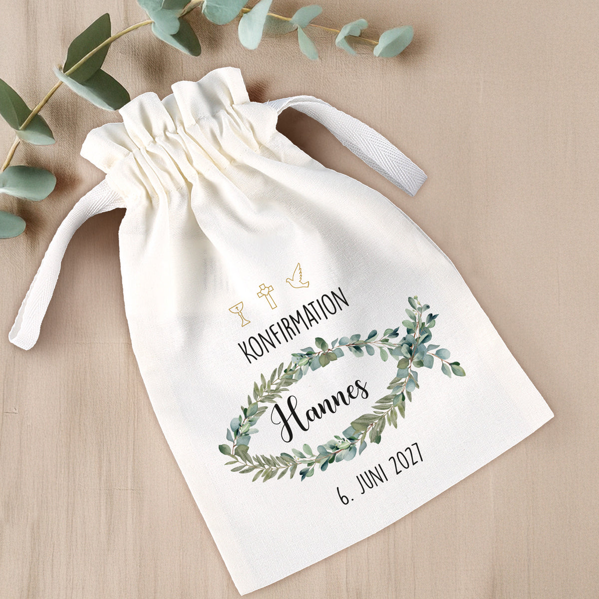 Geschenksäckchen zur Konfirmation, Name Hannes, aus Bio-Baumwolle mit christlichen Symbolen