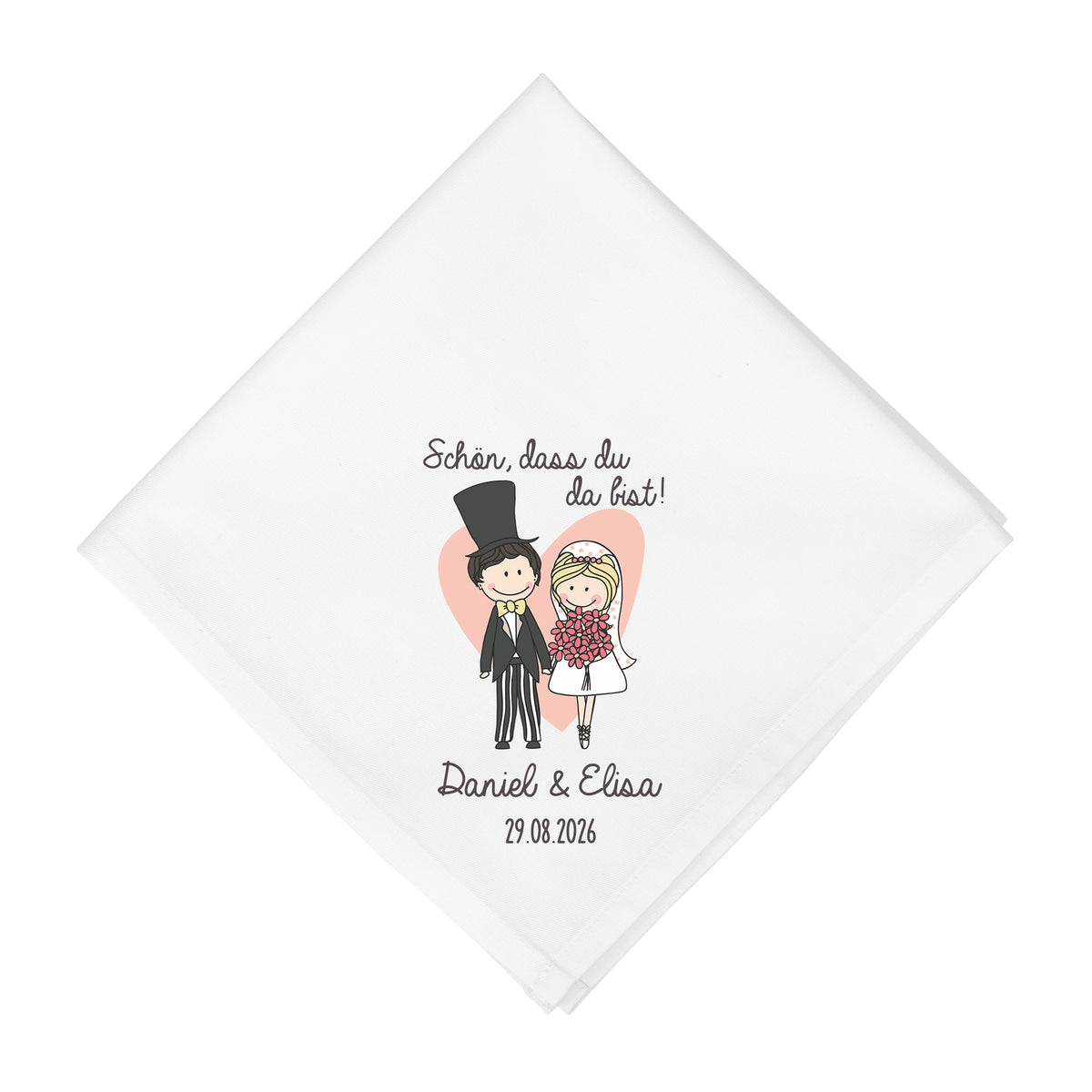 Weiße Stoffserviette Hochzeit personalisiert mit Namen Datum und Brautpaar Motiv freigestellt