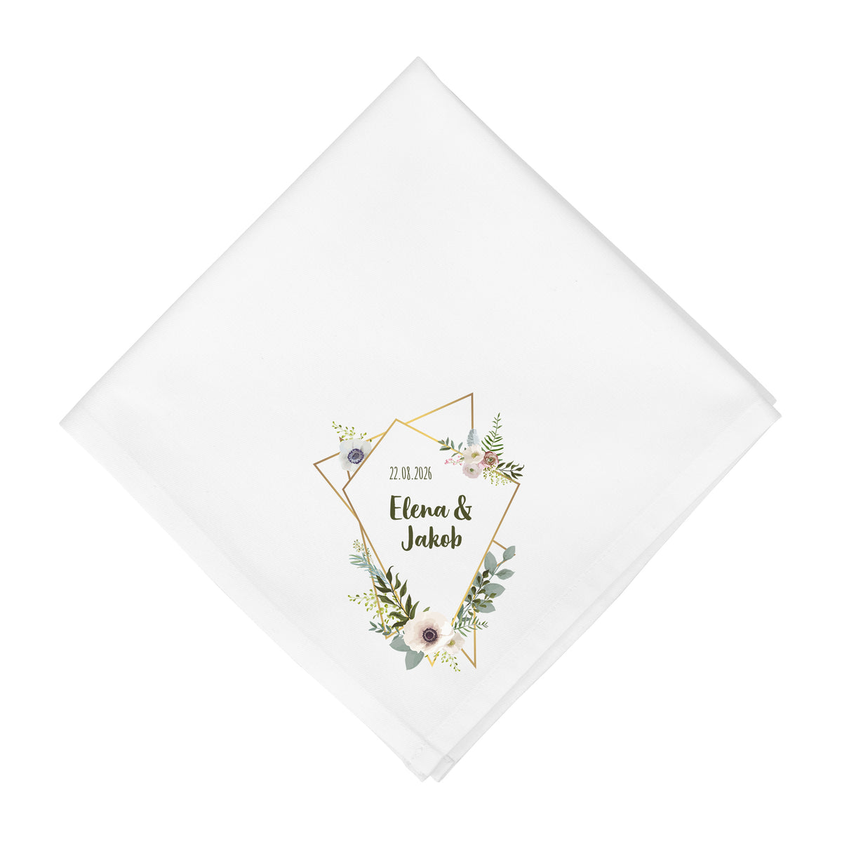 Flach liegende Stoffserviette mit Eukalyptus-Blumenrahmen und personalisiertem Druck