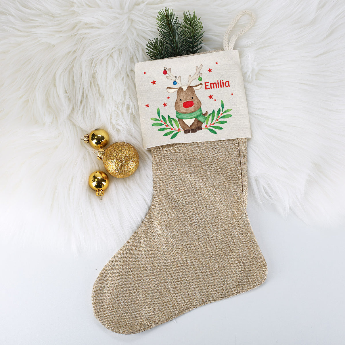 Weihnachtssocke mit Rentiermotiv und Namensaufdruck