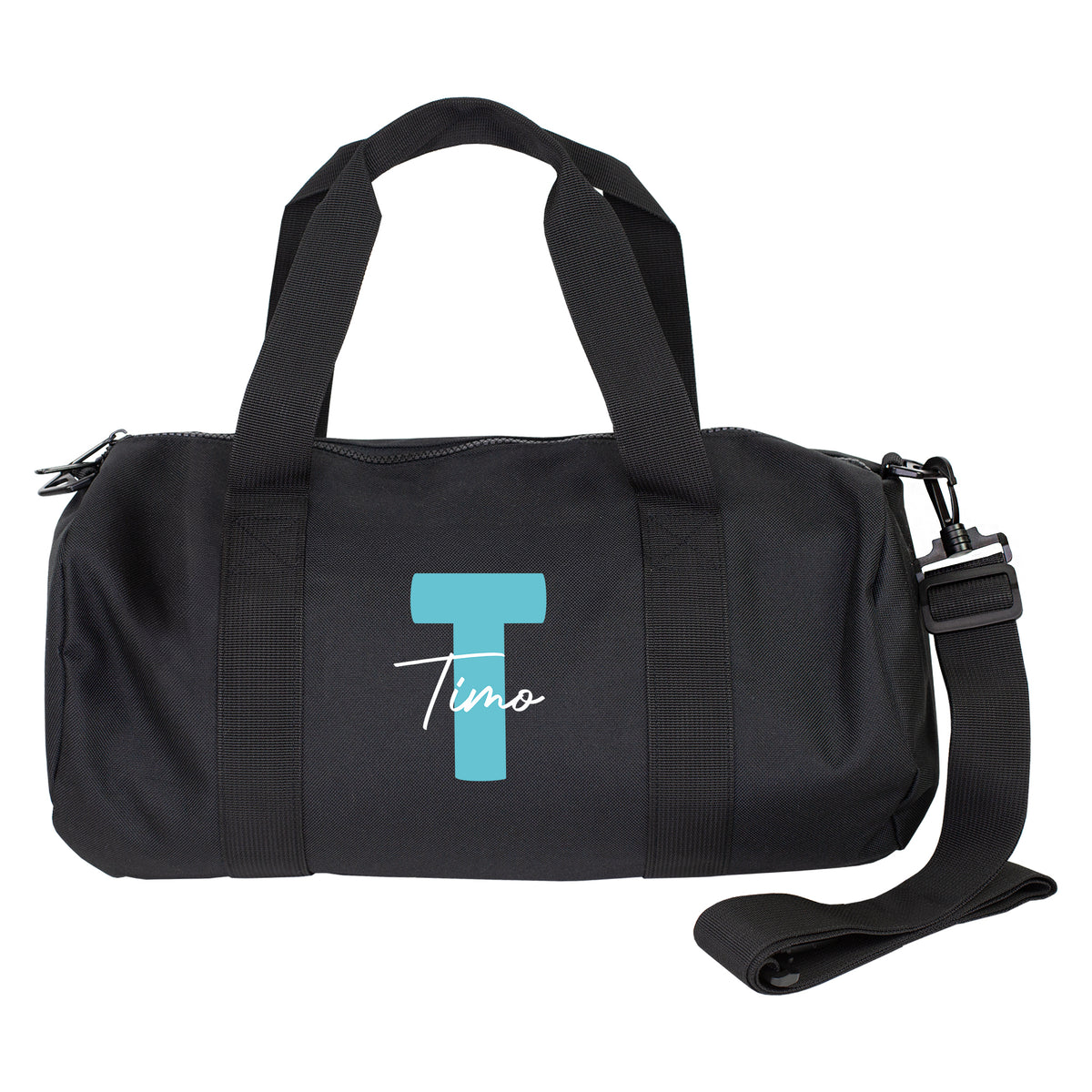 Personalisierte Sporttasche freigestellt mit türkiser Initiale T und Name Timo auf schwarzer Tasche