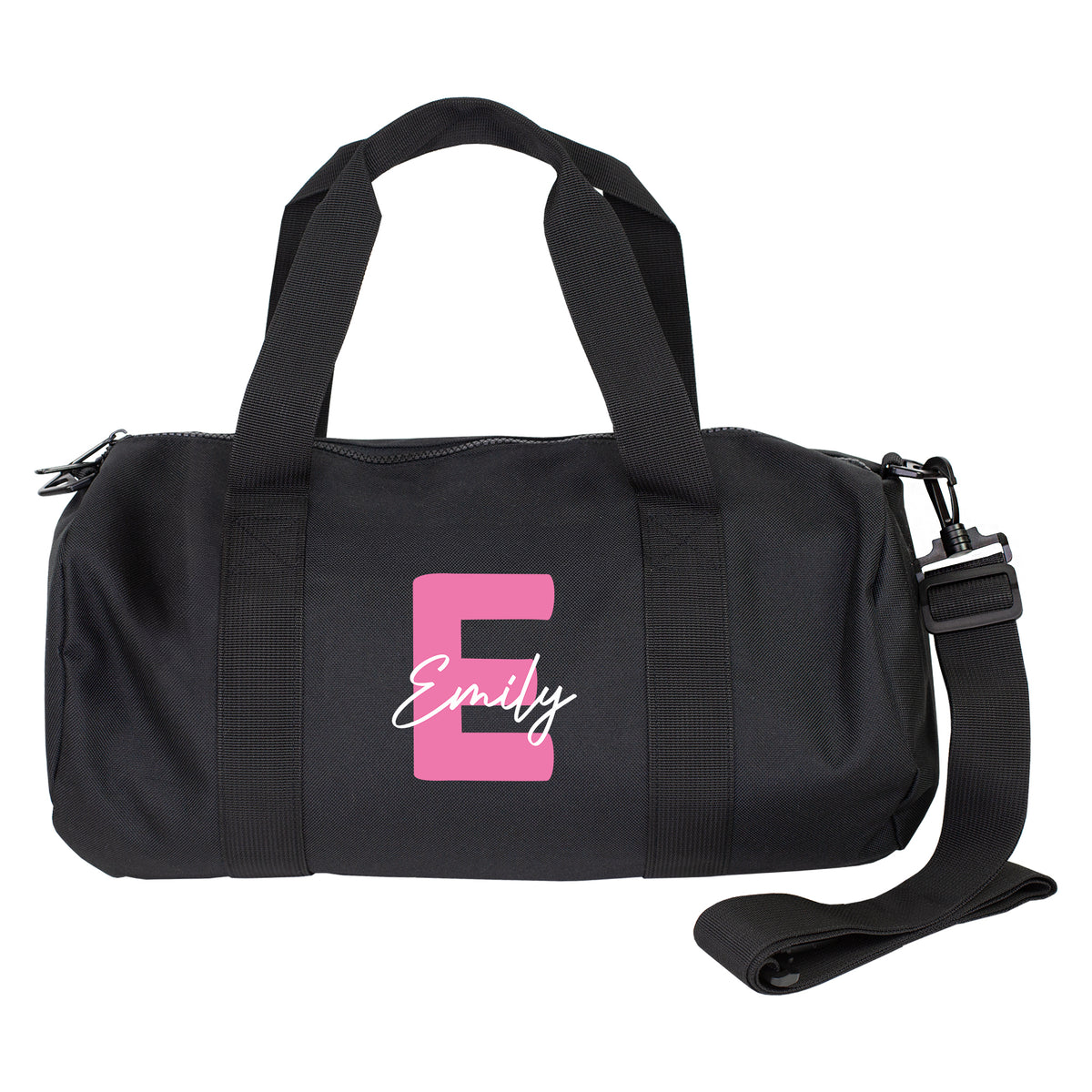 Personalisierte Sporttasche mit pinker Initiale E und Name Emily, freigestellt auf weißem Hintergrund