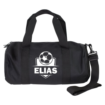 Schwarze Sporttasche mit Fußball-Emblem und Name Elias freigestellt