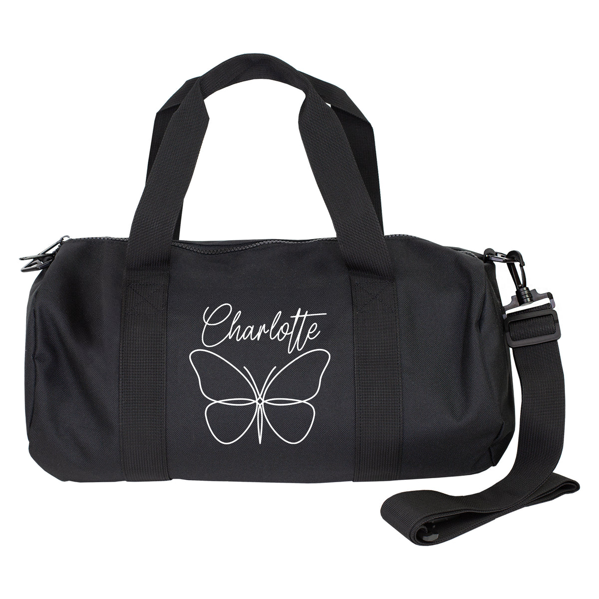 Personalisierte schwarze Sporttasche mit Schmetterling und Name Charlotte mit Schultergurt vor weißem Hintergrund