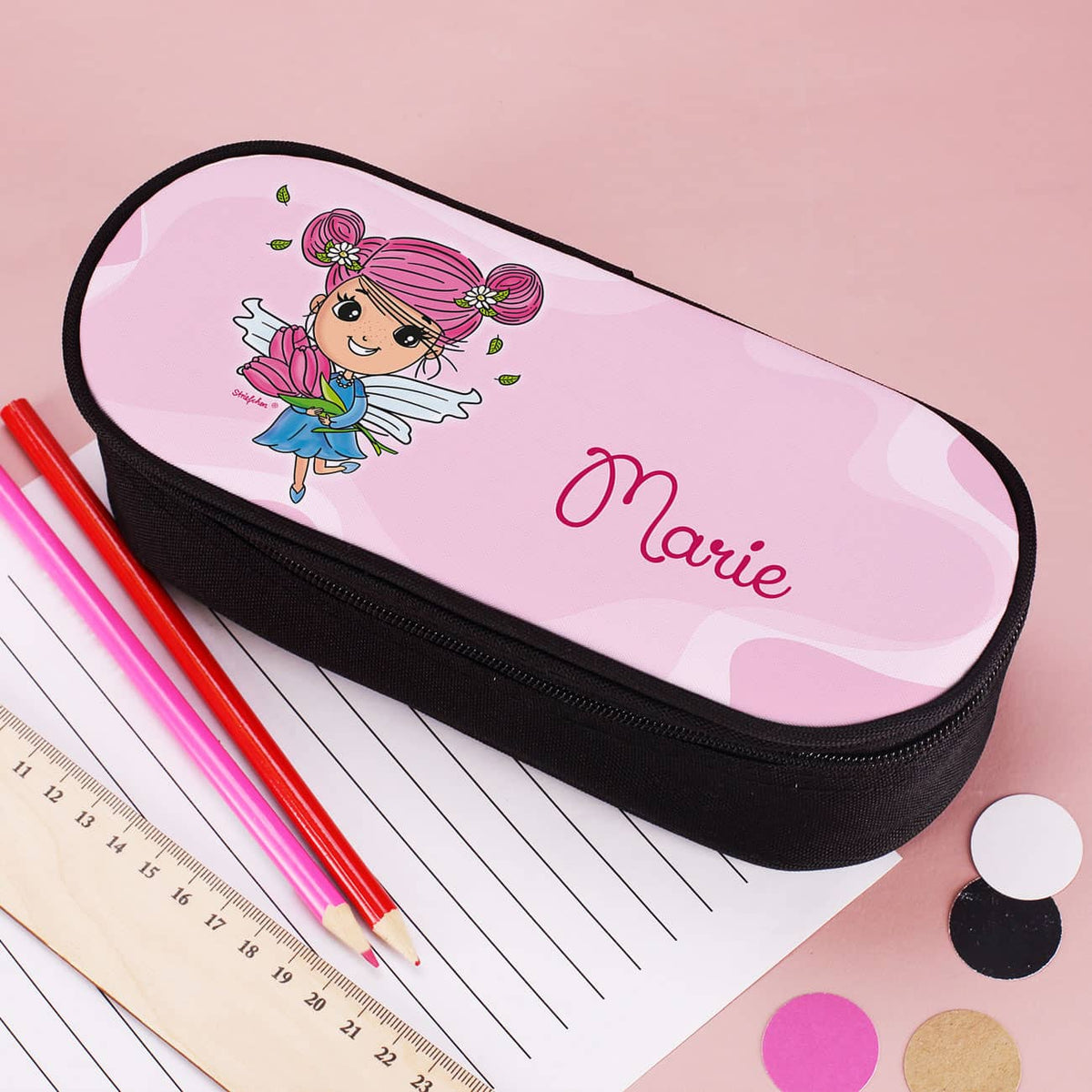Personalisierte Stiftebox mit Tulpenfee Motiv und mit Name nach Wunsch personalisiert