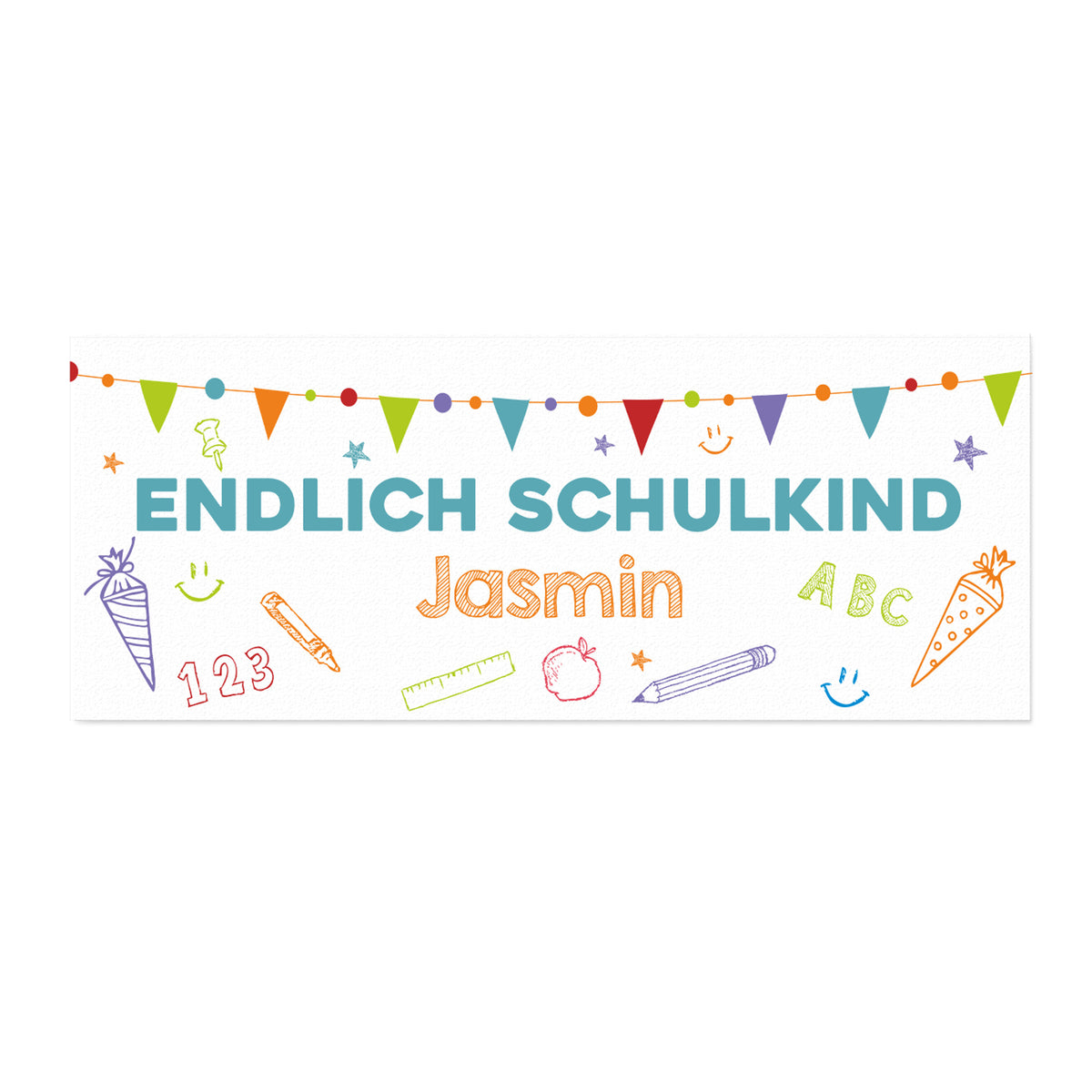 Freigestellter kleiner Tischläufer „Endlich Schulkind“ mit bunten Schulmotiven