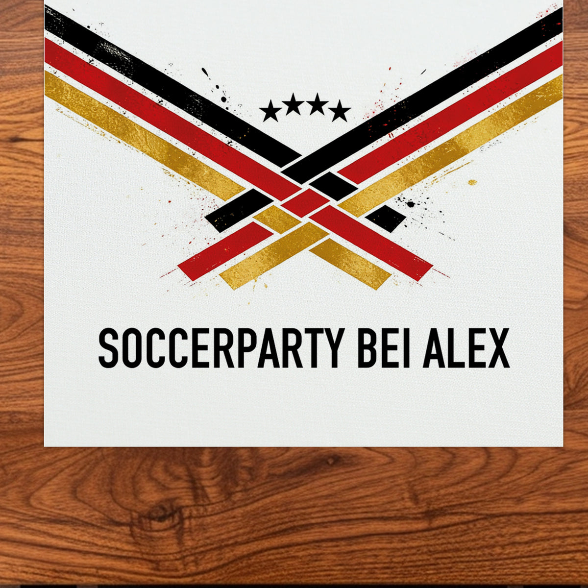 Detailansicht vom Fußball Tischläufer mit Wunschtext Soccerparty bei Alex und Deutschland-Motiv