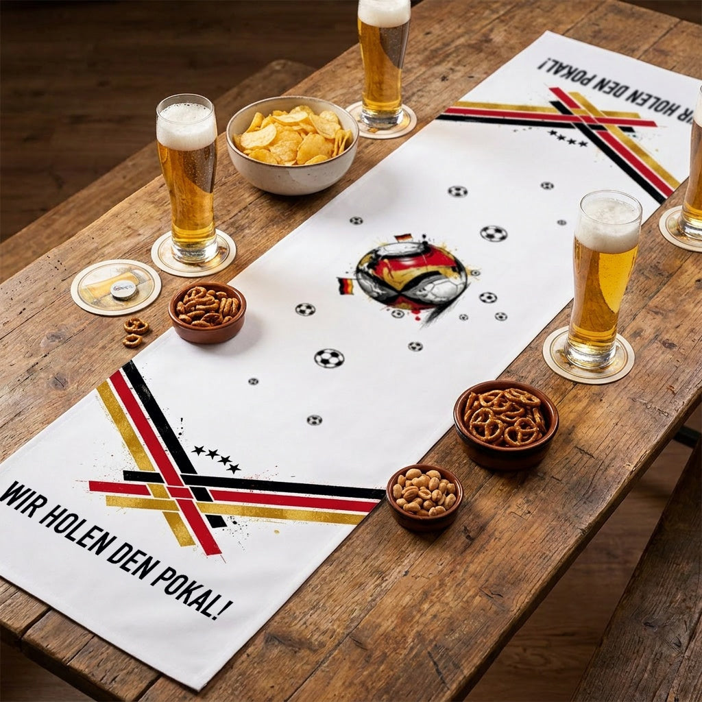 Fußball Tischläufer mit Wunschtext Wir holen den Pokal auf Holztisch mit Bier, Snacks und Fußball-Deko