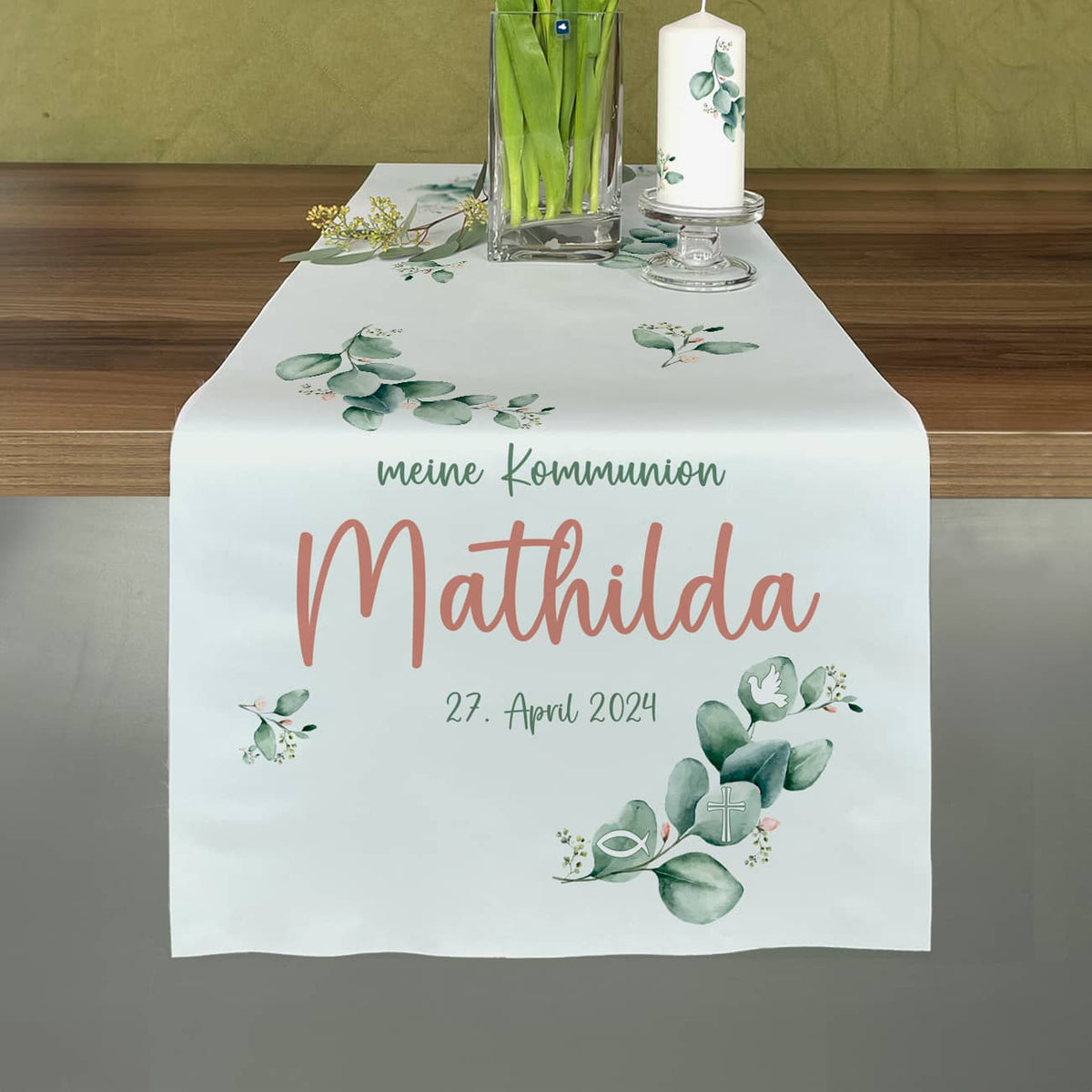Tischläufer mit Eukalyptus-Motiv zur Kommunion, Konfirmation oder Taufe - in zwei Längen