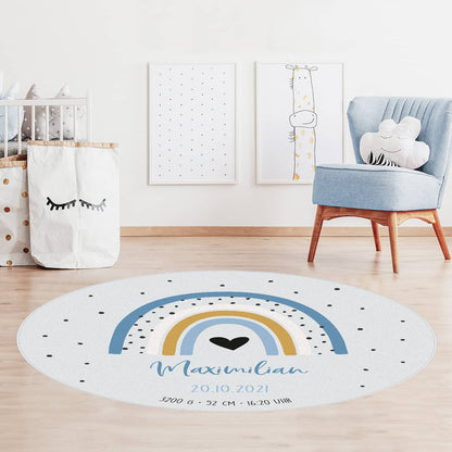 Schöner Kinderteppich in Blau mit Regenbogen Motiv