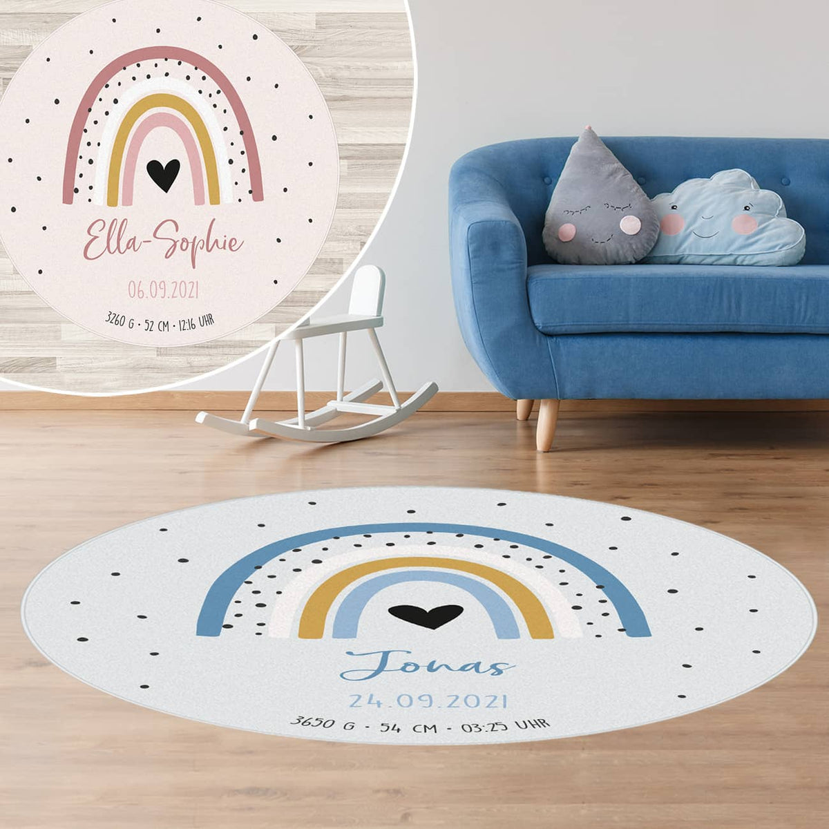 Kinderteppich in Rosa oder Hellblau mit Regenbogen Motiv und Personalisierung