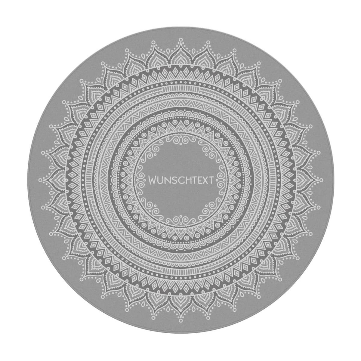 Runder Wohnteppich mit Personalisierung und Mandala in grau
