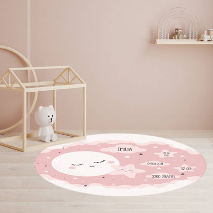 Kinderteppich zur Geburt in Rosa mit Mond und Sterne Motiv