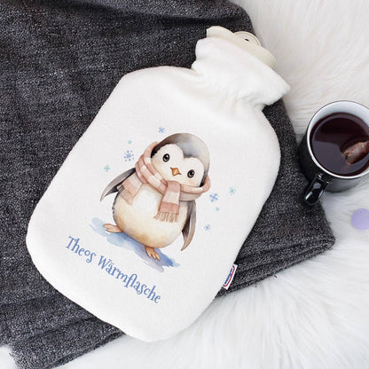 Kuschelige Wärmflasche mit niedlichem Pinguin und Wunschtext