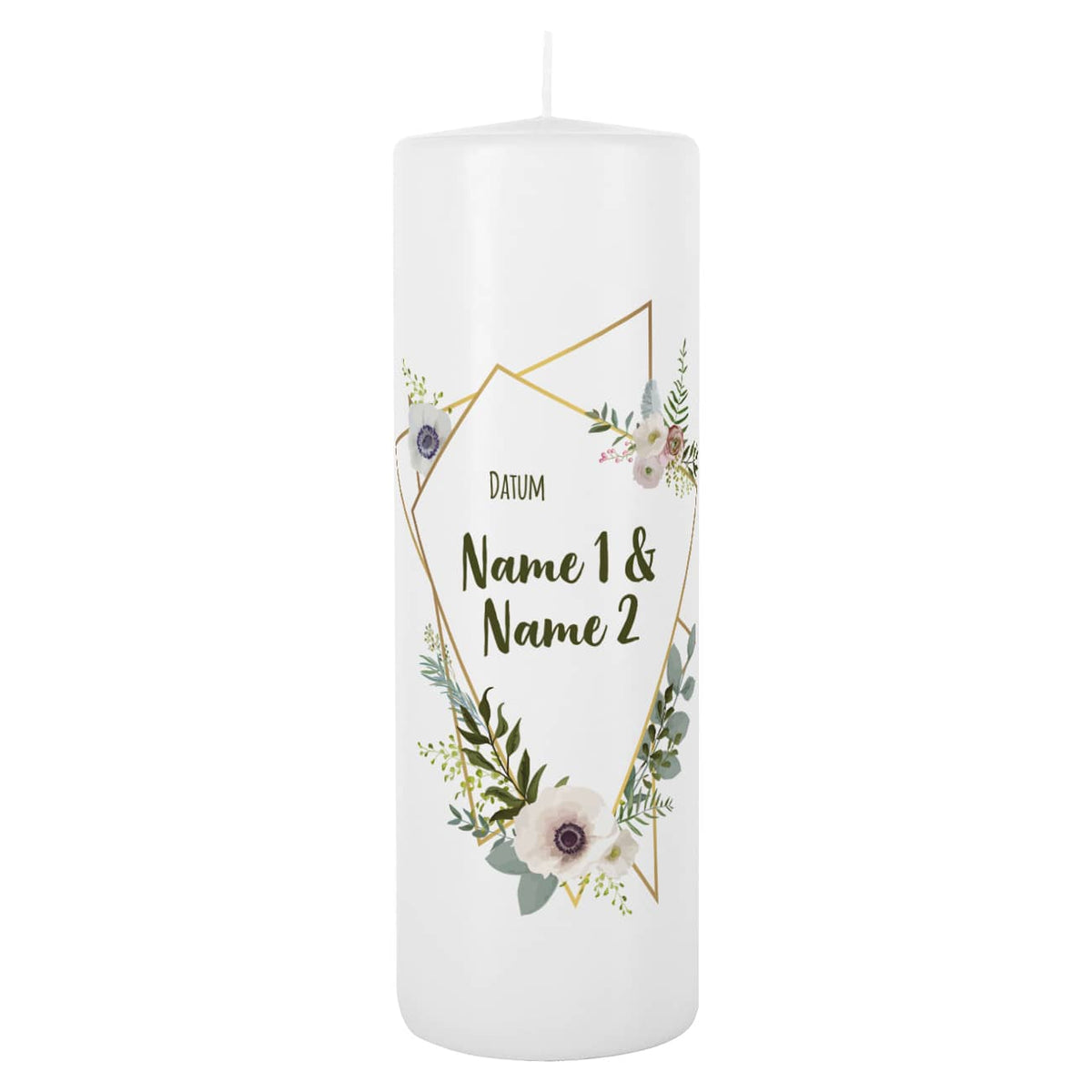 Hochzeitskerze mit Watercolor-Blüten, grafischem Muster und Wunschtext
