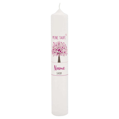 Taufkerze für Mädchen mit Lebensbaum in rosa