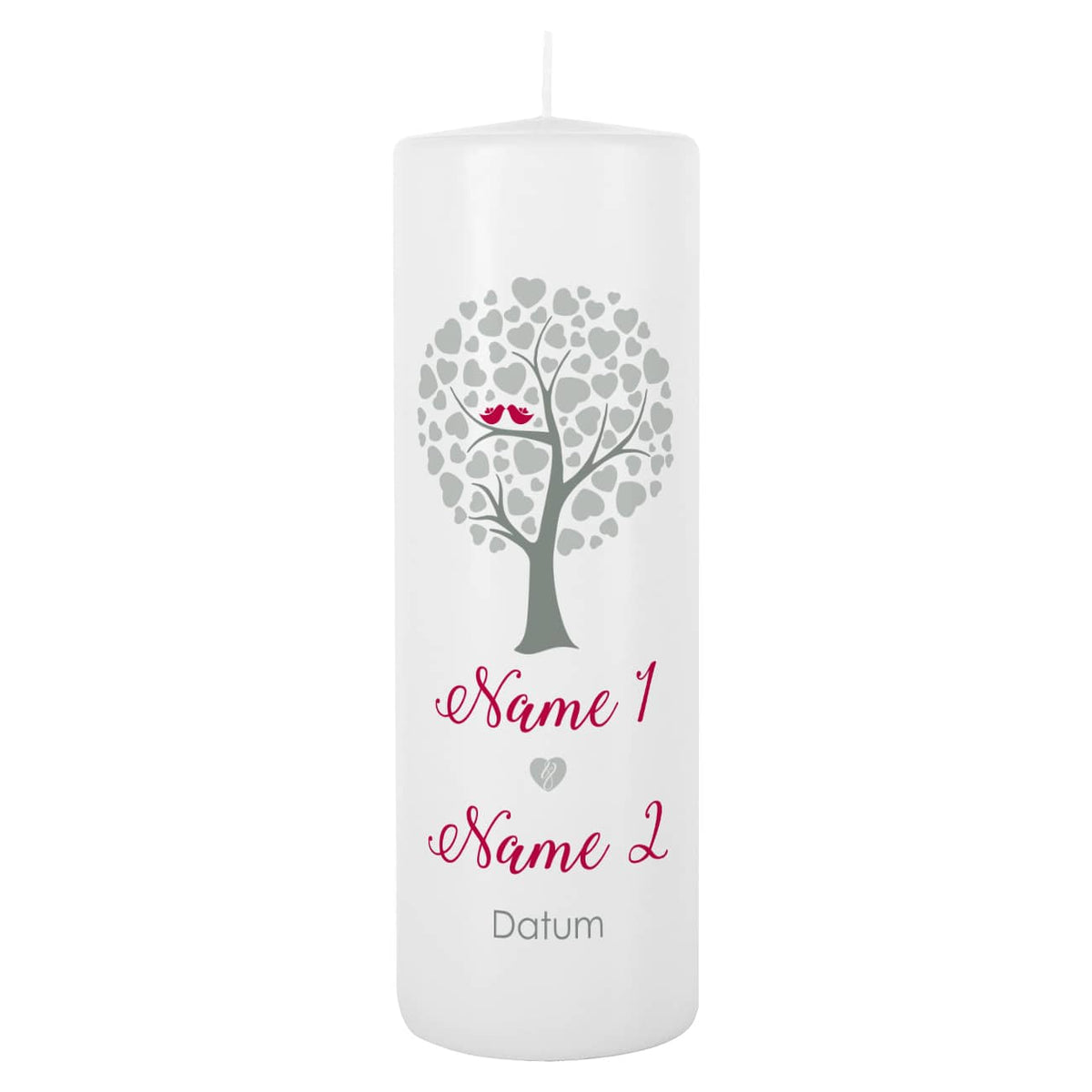 Hochzeitskerze Baum mit Herzen, Namen, Datum und Trauspruch