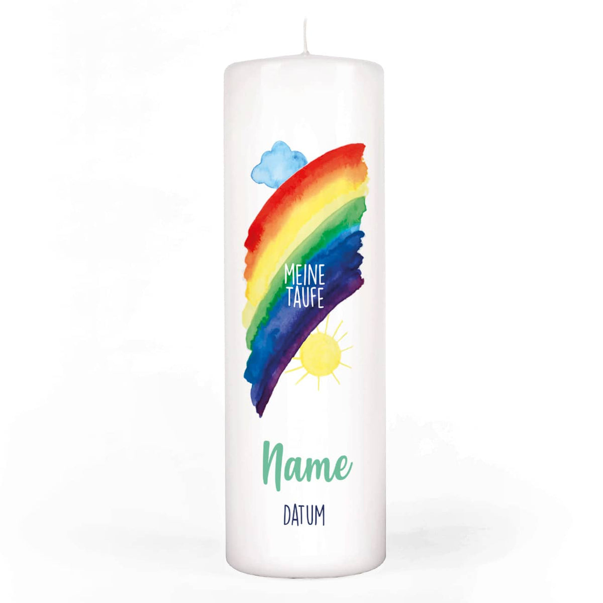 Kerze zur Taufe mit Regenbogen und persönlichem Aufdruck