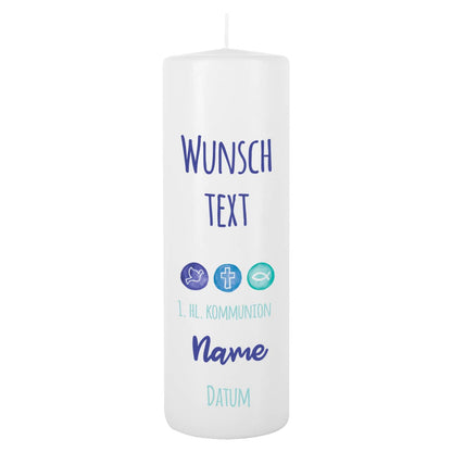 Kommunionkerze in Blau - Liebe, Hoffnung, Glaube mit Wunschtext
