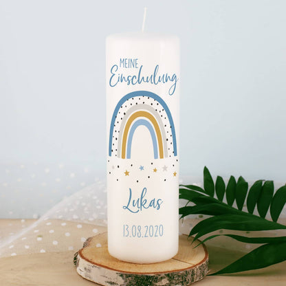 Kerze zur Einschulung mit Regenbogen für Jungen