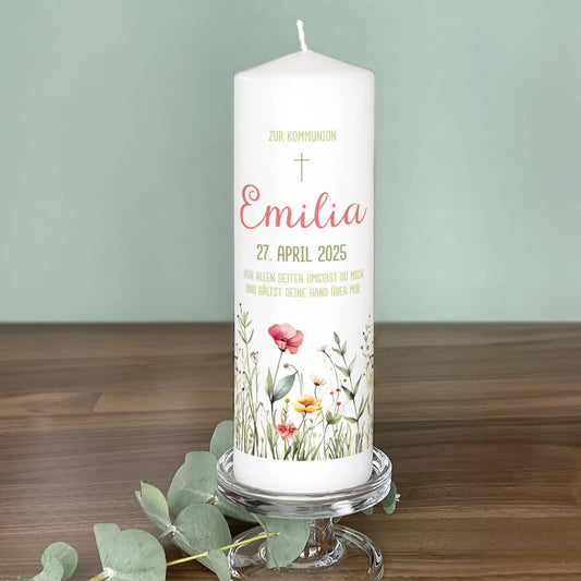 Kommunionkerze mit Wildblumen, Name, Datum & Kommunionsspruch
