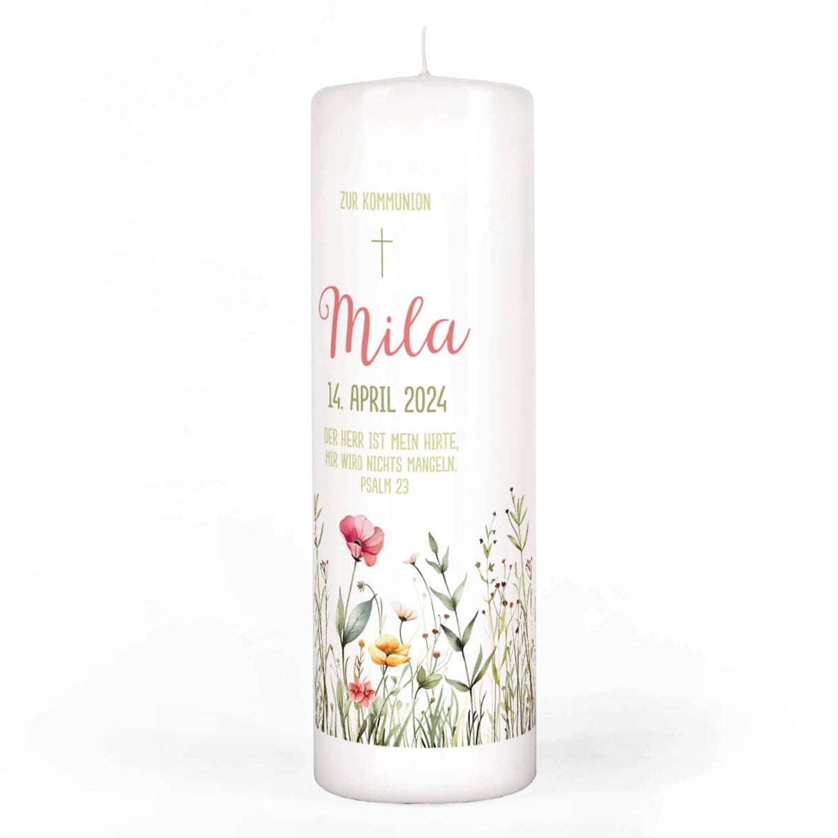 Persönliche Kommunionkerze mit Wildblumen-Motiv, Name, Datum 