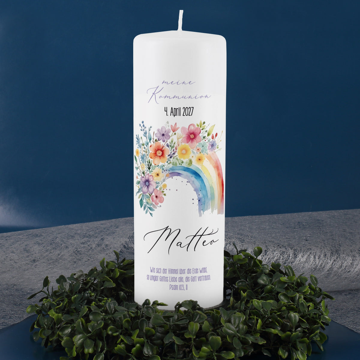 Kerze zur Kommunion oder Konfirmation mit Regenbogen, Namen, Datum und Wunschtext