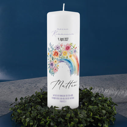 Kerze zur Kommunion oder Konfirmation mit Regenbogen, Namen, Datum und Wunschtext