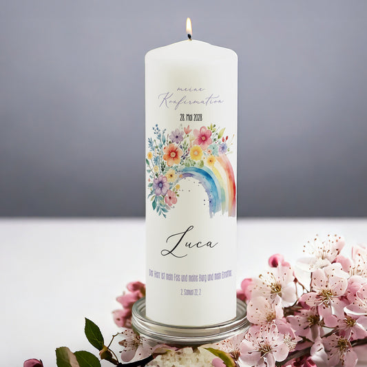 Kerze zur Konfirmation bedruckt mit Regenbogenmotiv
