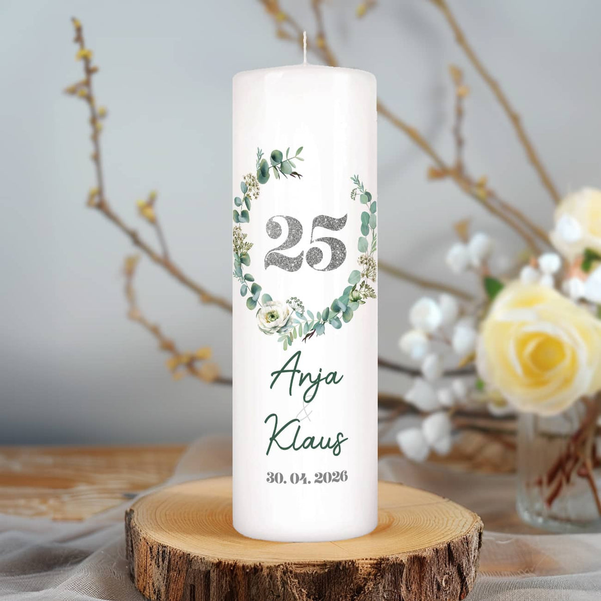 Kerze zur Silberhochzeit mit Namen, Datum 
