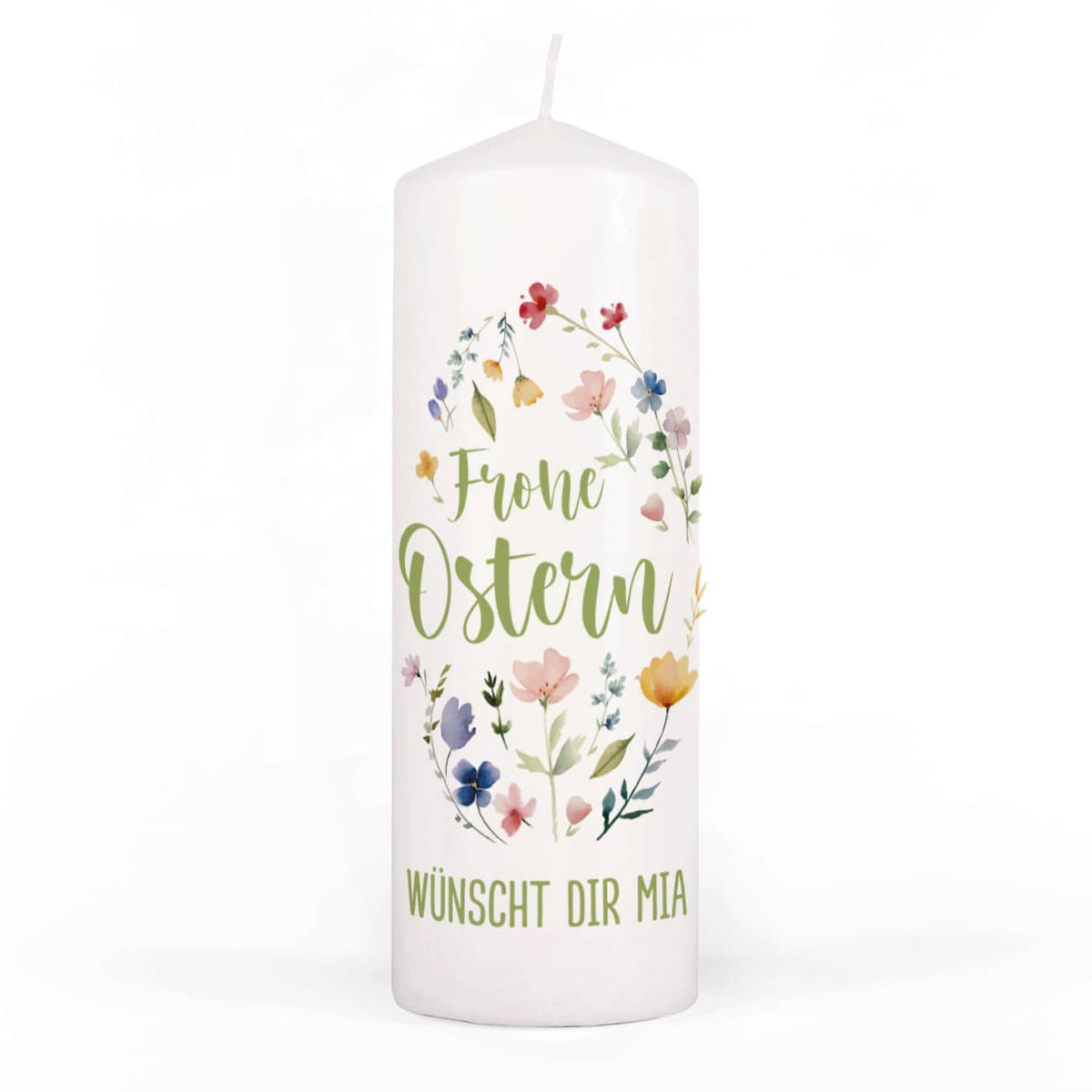 20 cm hohe Kerze Osterei aus Blumen in Ei-Form - Frohe Ostern und Name