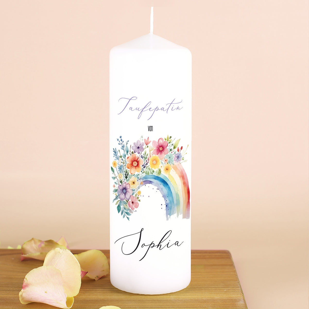 Kerze für Taufpatin mit Name Sophia und Regenbogenmotiv – Geschenkidee zur Taufe