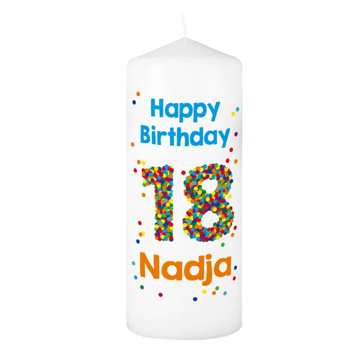 Kerze zum 18. Geburtstag mit Name und Wunschtext