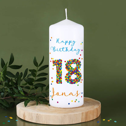 Kerze zum 18. Geburtstag mit Name und Wunschtext