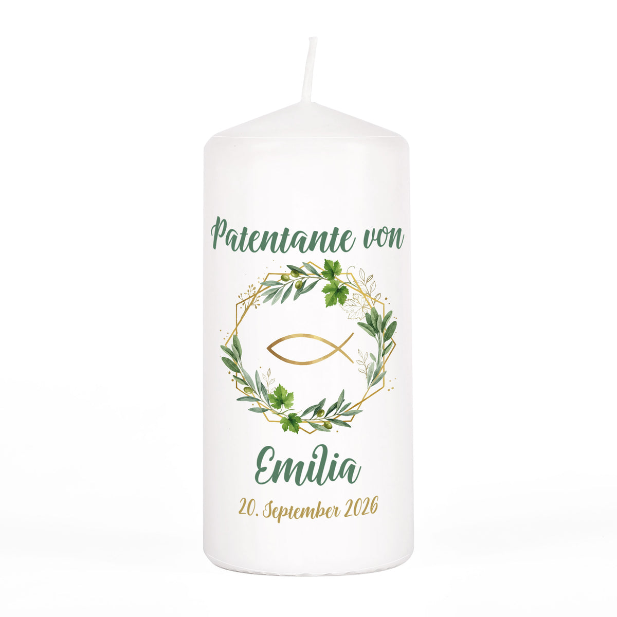 Personalisierte Patenkerze weiß freigestellt mit Name Emilia und Datum