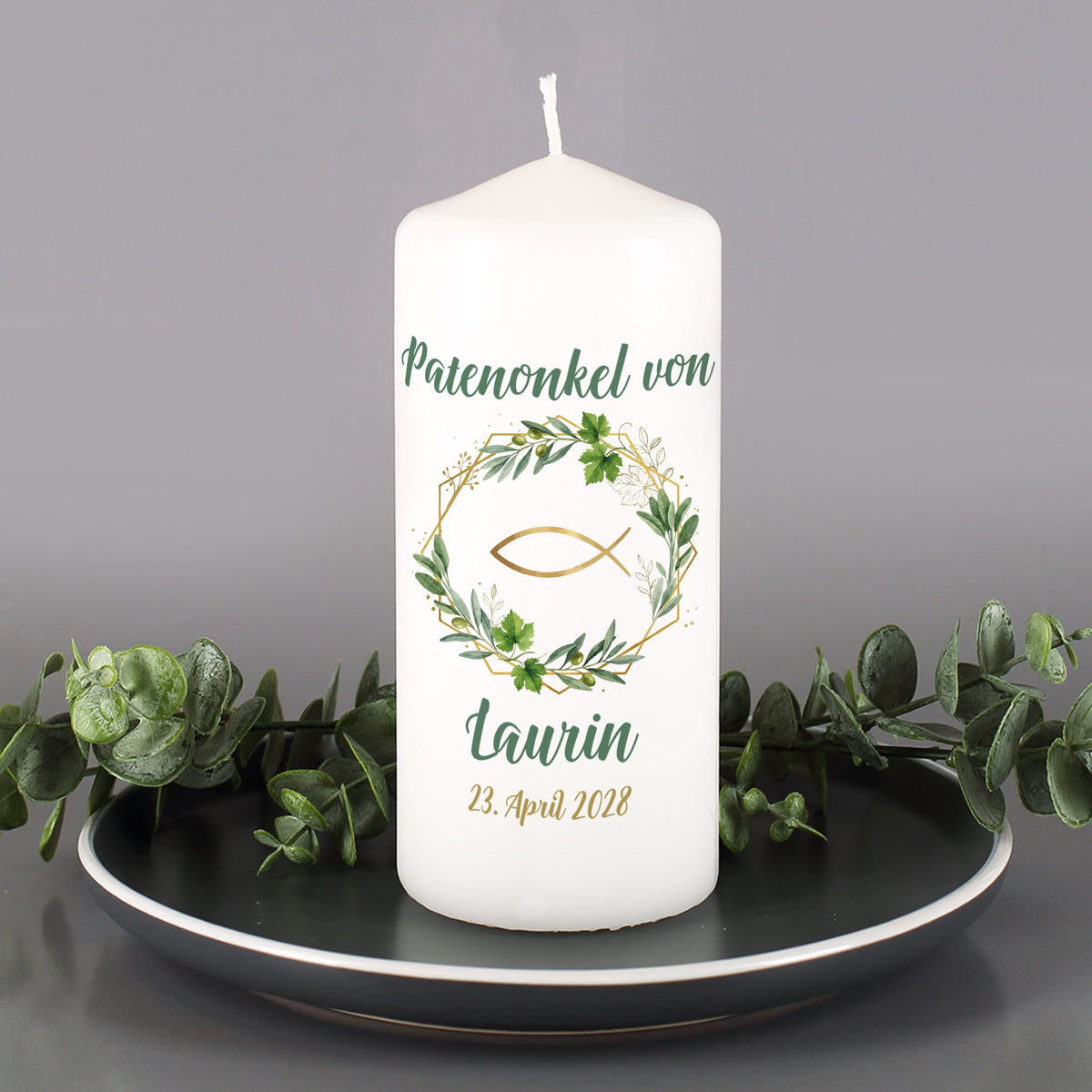 Kommunionkerze mit Aufdruck „Patenonkel von“ und personalisiertem Namen Laurin