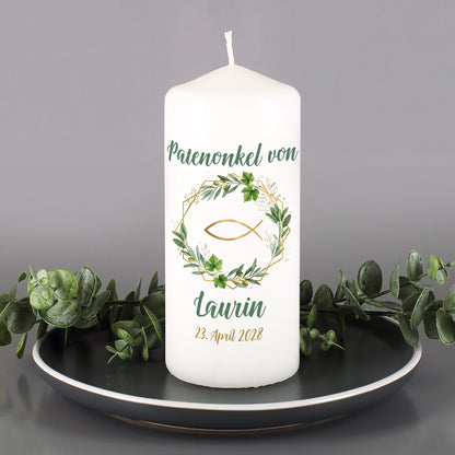 Kommunionkerze mit Aufdruck „Patenonkel von“ und personalisiertem Namen Laurin