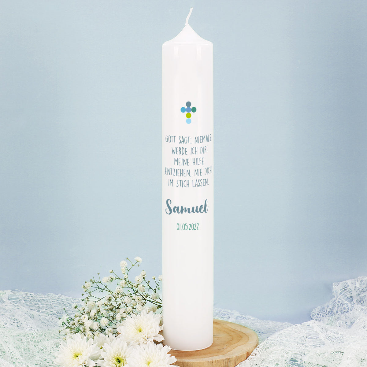 Rückseite der 6x38cm großen Kommunionkerze mit Psalm, Name und Datum