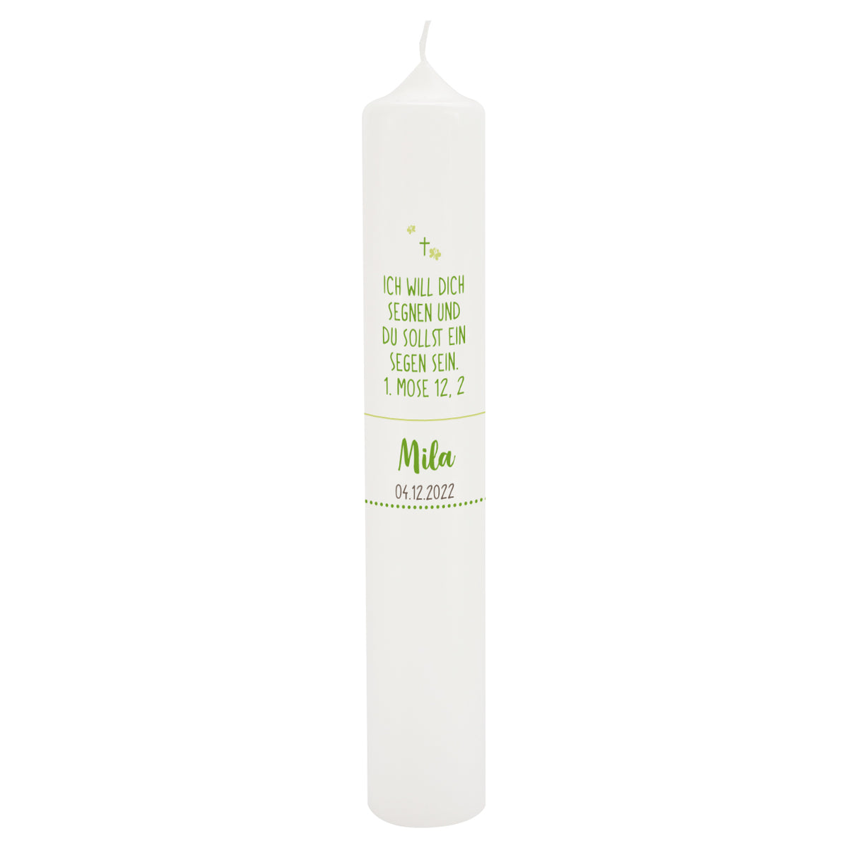 personalisierte Taufkerze (6x38cm) mit Name, Datum und Wunschtext/Psalm bedruckt
