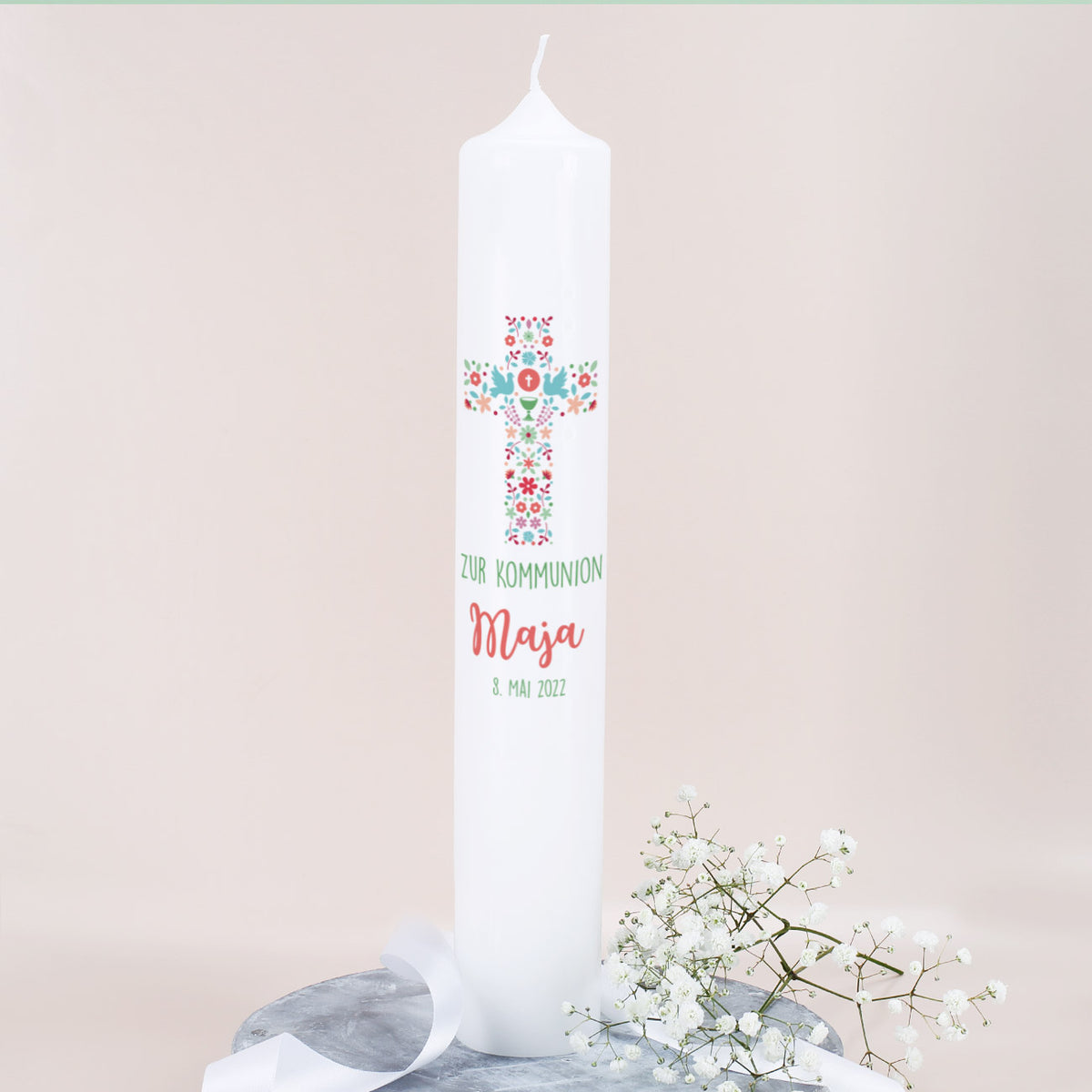 bedruckte Kommunionkerze mit Name, Datum, Spruch/ Psalm und buntem Kreuz 