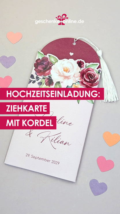 personalisierbare Hochzeitseinladung mit Blumen-Motiv, Kordel zum Herausziehen und mit Foto