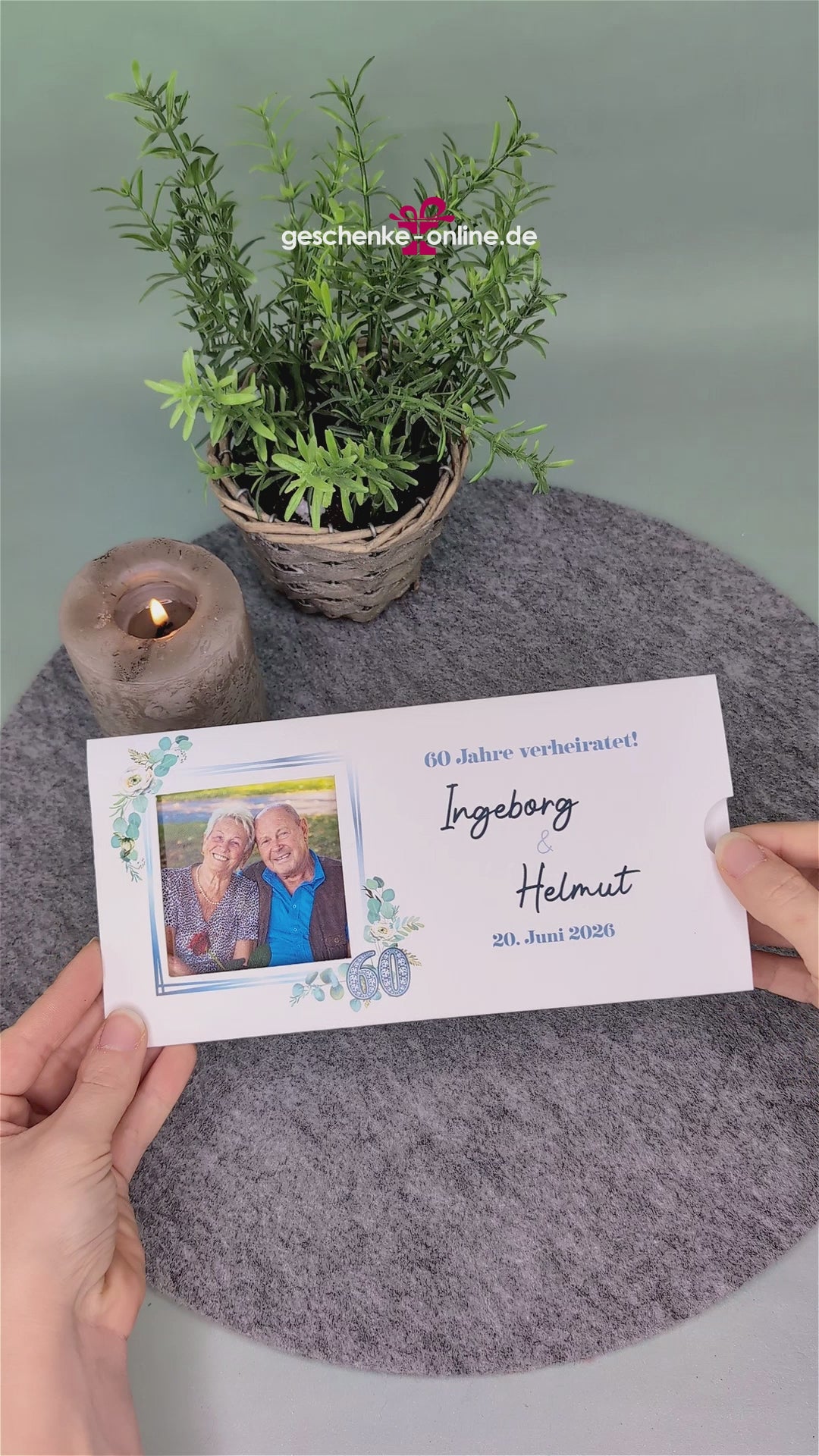 Einladungskarte zur diamantenen Hochzeit - Ziehkarte mit 2 Fotos