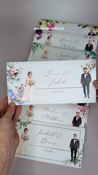 Hochzeitseinladung – Ziehkarte mit Brautpaar und Schmetterling-Motiv
