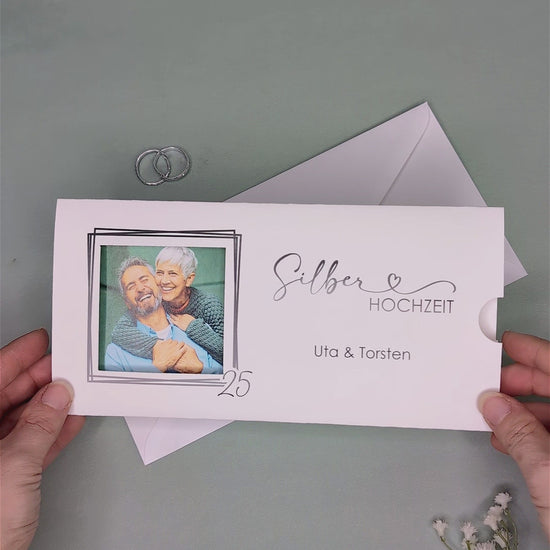 Silberhochzeitseinladung - besondere Ziehkarte mit 2 Fotos