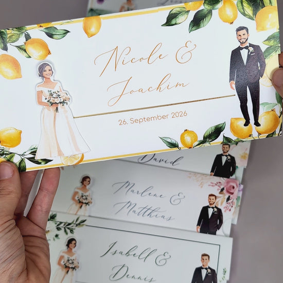 Hochzeitseinladung – Ziehkarte mit Brautpaar und Zitronen-Motiv
