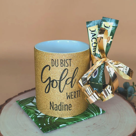 Geschenkidee - goldene Glitzertasse mit Namen personalisiert