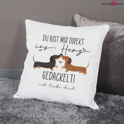 Personalisiertes Kissen mit Dackel-Pärchen und Spruch „Du bist mir direkt ins Herz gedackelt!“, Haustier Geschenk für Hundebesitzer und Tierliebhaber