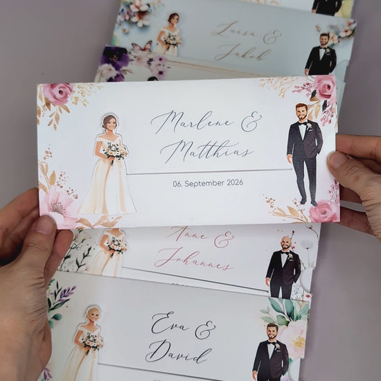 Hochzeitseinladung – Ziehkarte mit Brautpaar und Rosen-Motiv