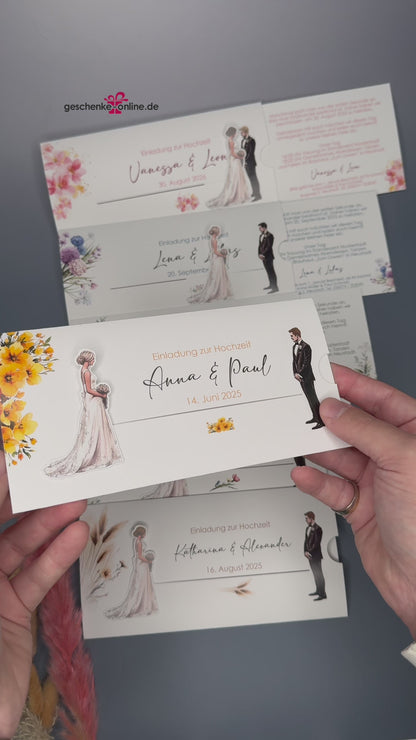 Hochzeitseinladung - Ziehkarte mit Brautpaar und gelbem Blume-Hintergrund